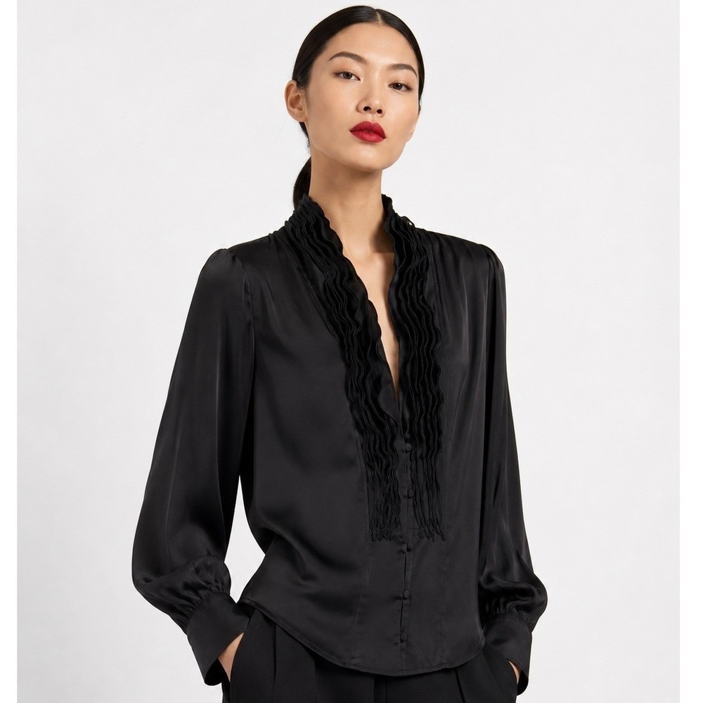 Lapis Womens Black Ruffled V-Neck Satin Blouse Long Sleeve Size M